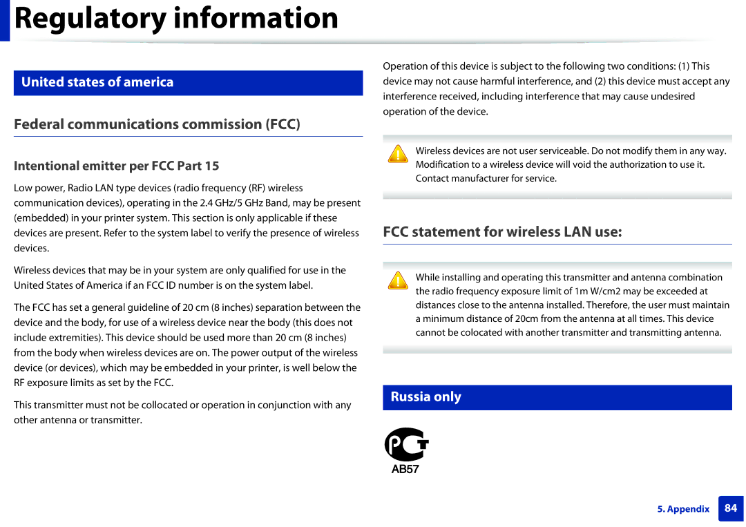 Samsung SLM2825DW Federal communications commission FCC, FCC statement for wireless LAN use, United states of america 