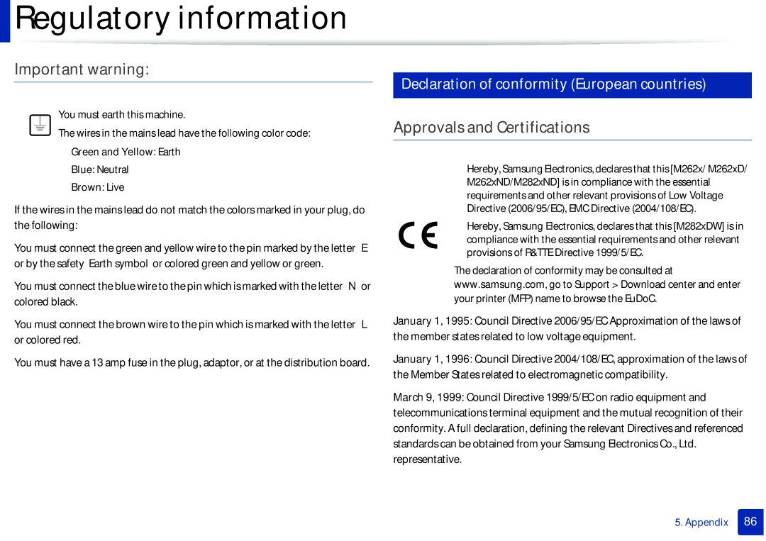 Samsung M262x Important warning, Approvals and Certifications, Declaration of conformity European countries, Brown Live 