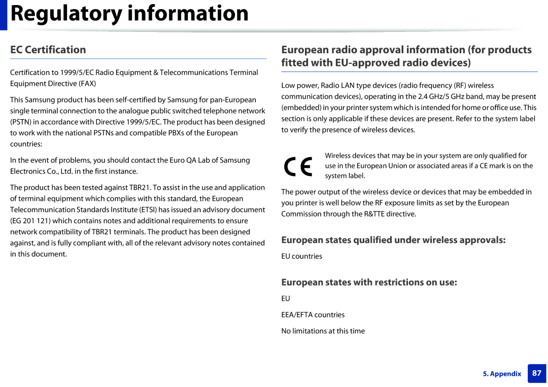 Samsung M282x, M262x, SLM2625DXAC manual EC Certification, EU countries, EEA/EFTA countries No limitations at this time 