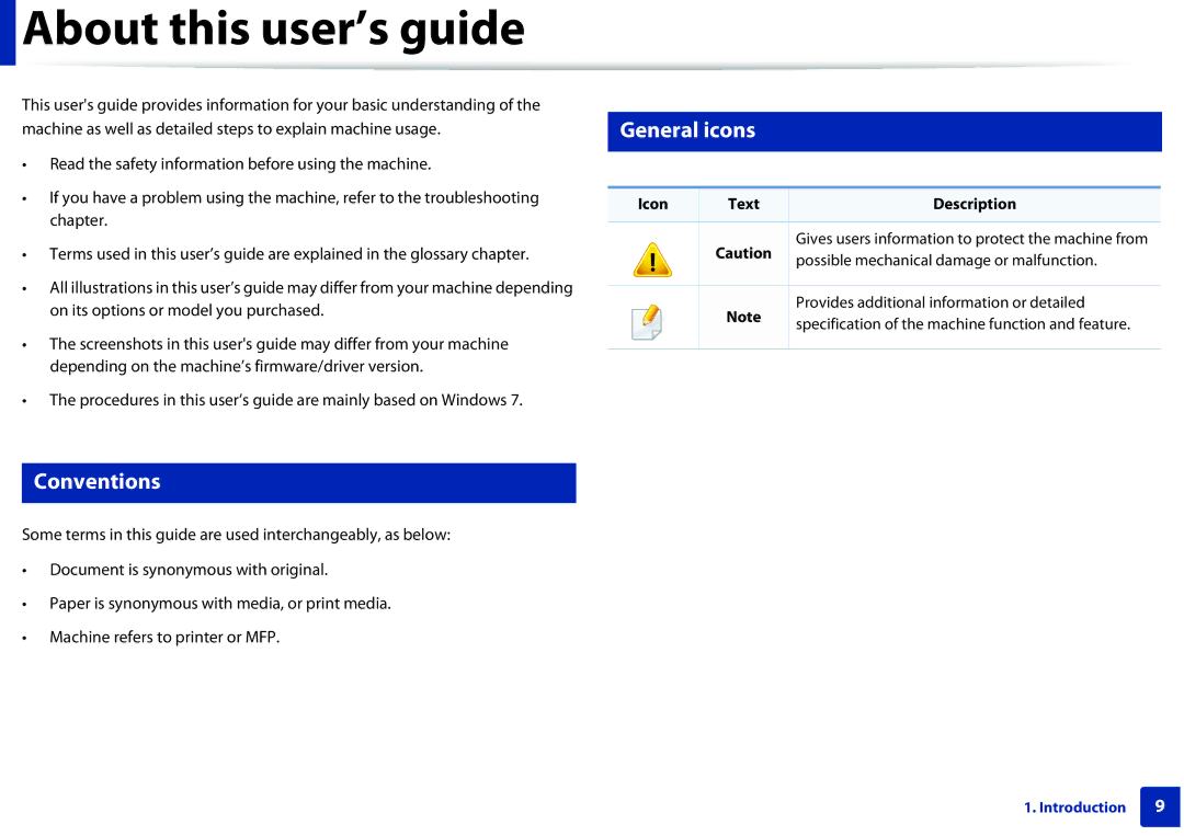 Samsung SLM2825DW, M282x, M262x manual About this user’s guide, General icons, Conventions, Chapter, Icon Text Description 