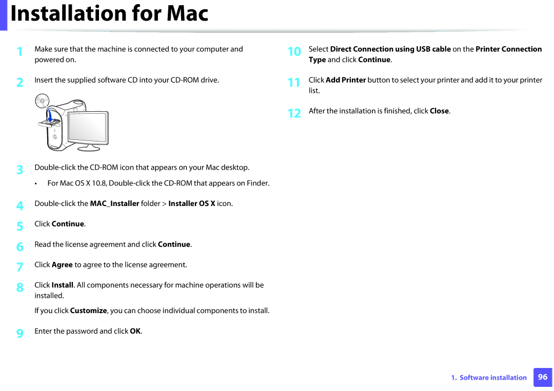 Samsung M262x, M282x, SLM2625DXAC, SLM2825DW manual Installation for Mac, Type and click Continue, Click Continue 