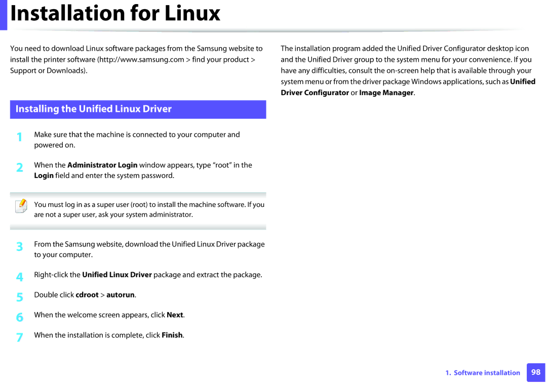 Samsung SLM2625DXAC, M282x, M262x, SLM2825DW manual Installation for Linux, Installing the Unified Linux Driver 