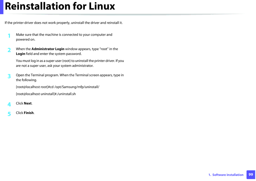 Samsung SLM2825DW, M282x, M262x, SLM2625DXAC manual Reinstallation for Linux 