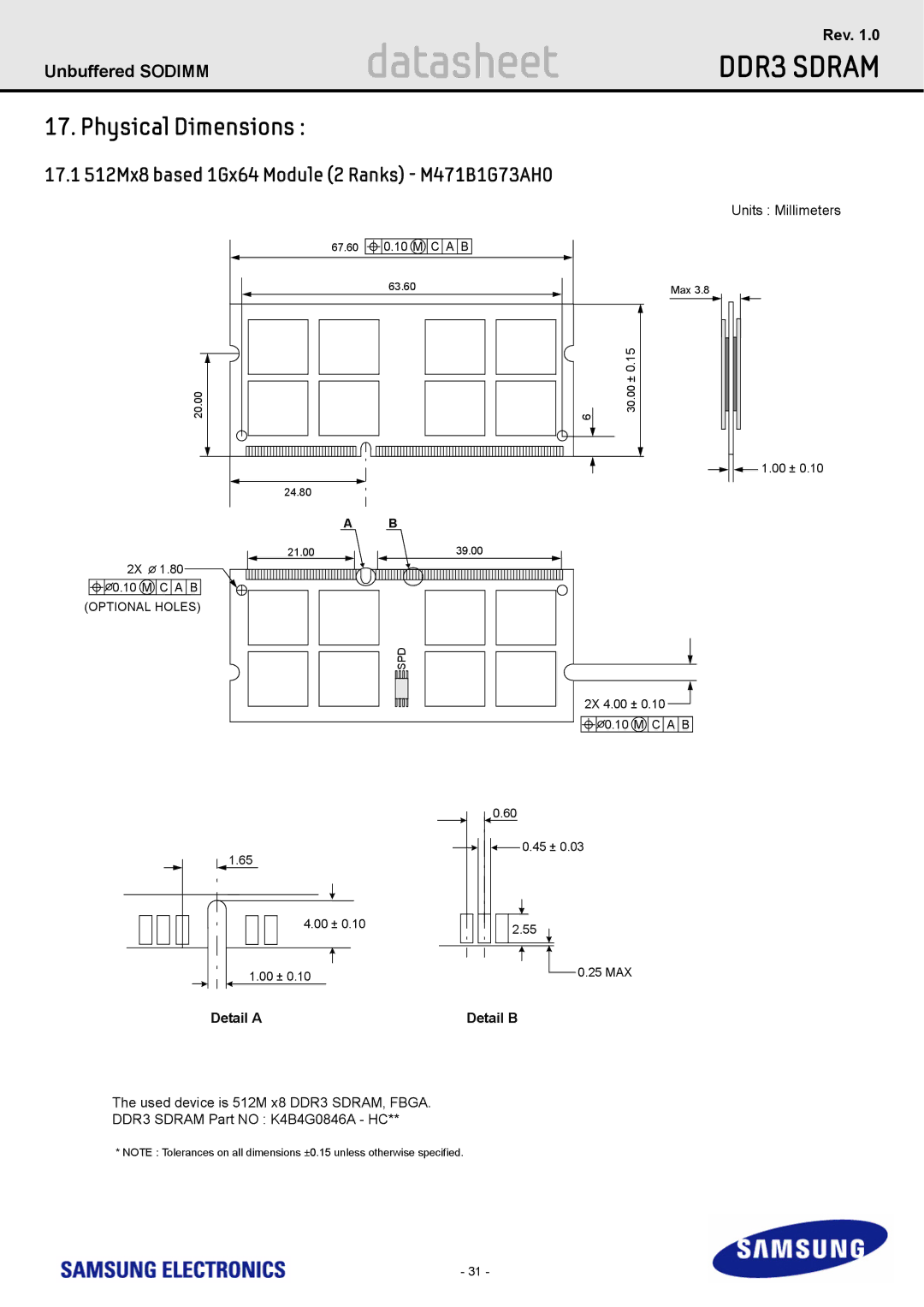 Samsung specifications Physical Dimensions, 17.1 512Mx8 based 1Gx64 Module 2 Ranks M471B1G73AH0 