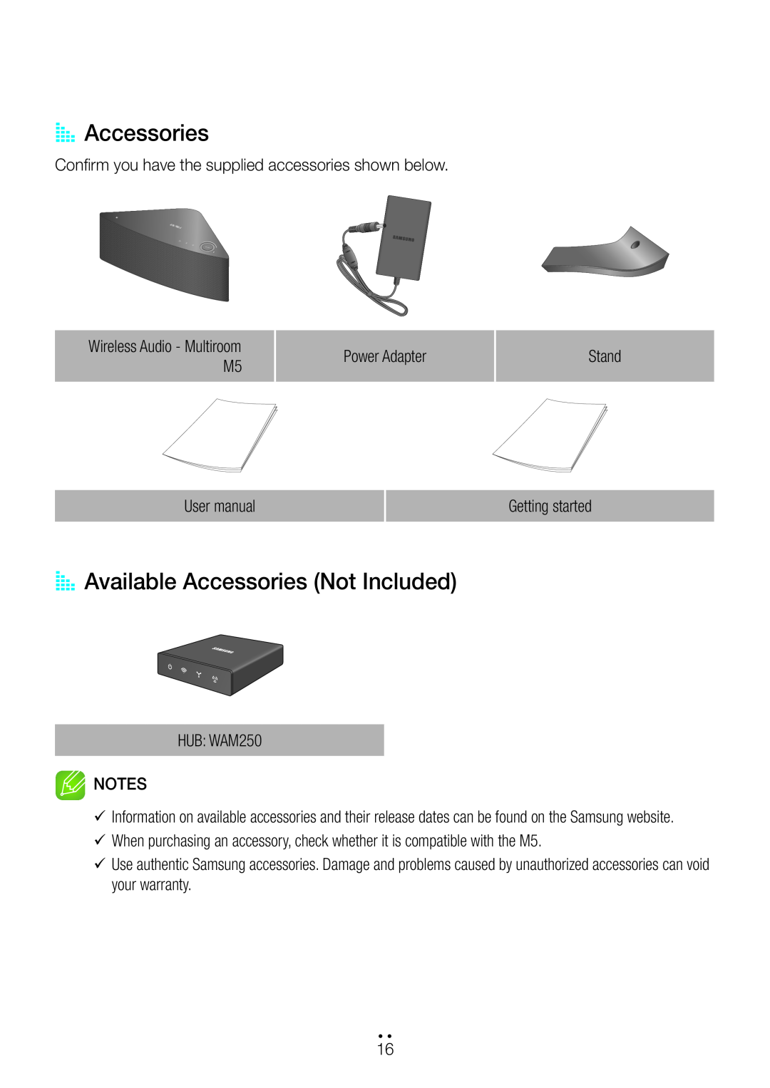 Samsung M5 user manual AA Accessories, AA Available Accessories Not Included 