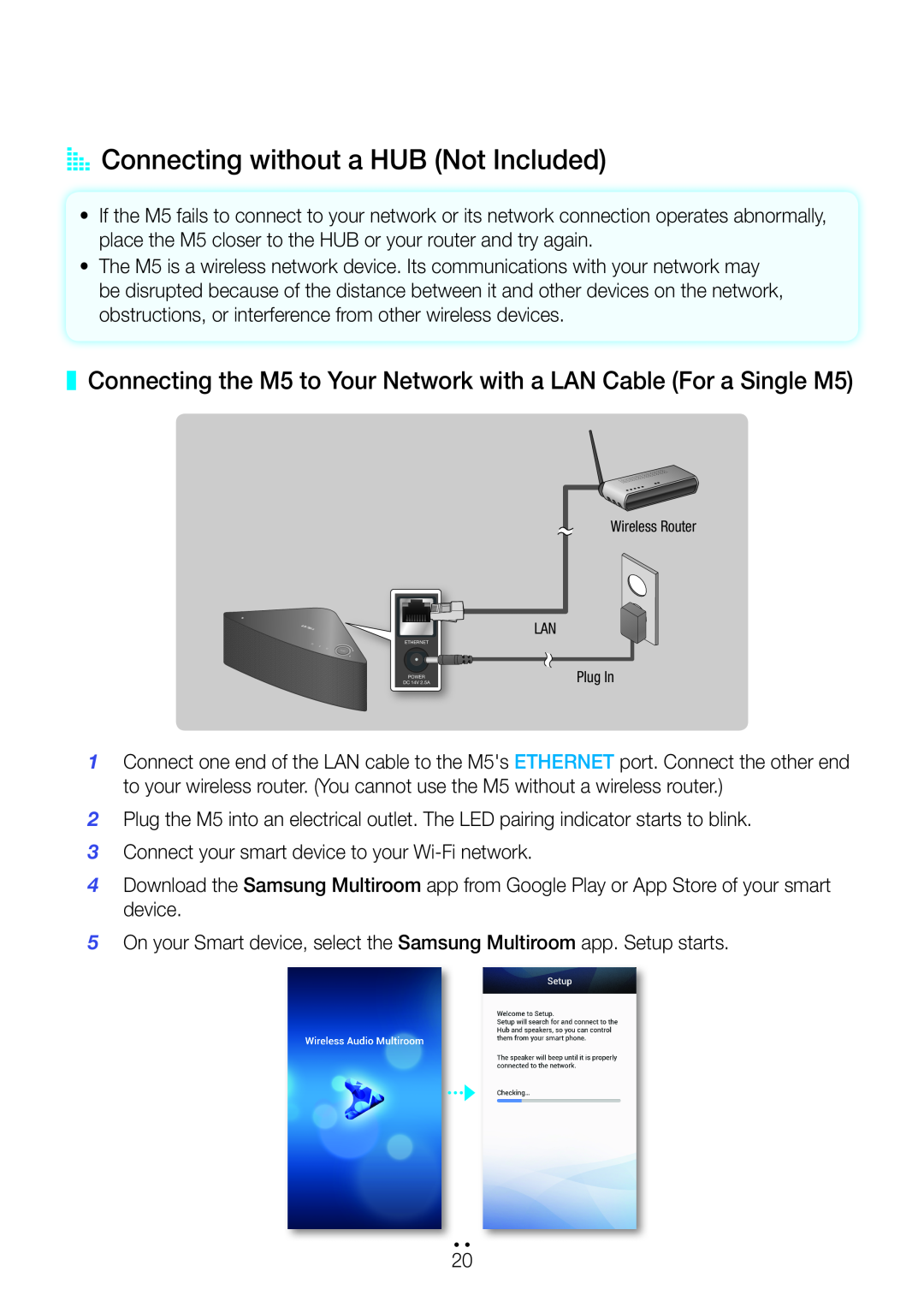 Samsung AA Connecting without a HUB Not Included, Connecting the M5 to Your Network with a LAN Cable For a Single M5 