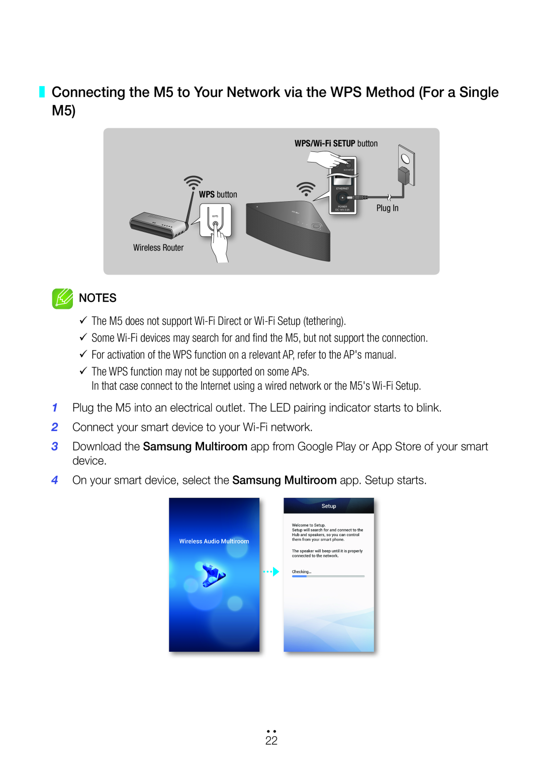 Samsung user manual Connecting the M5 to Your Network via the WPS Method For a Single M5 