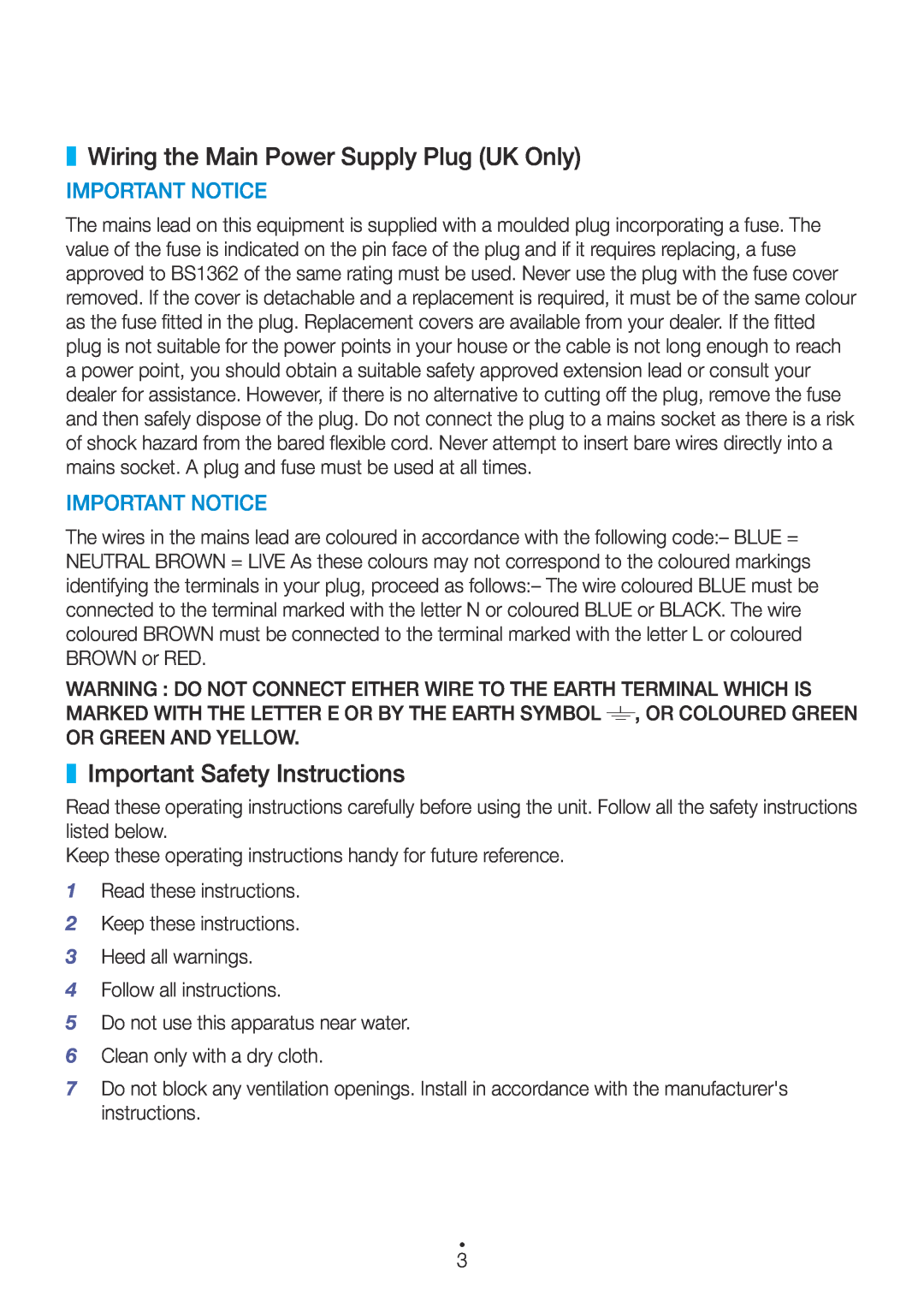 Samsung M5 user manual Wiring the Main Power Supply Plug UK Only, Important Safety Instructions, Important Notice 