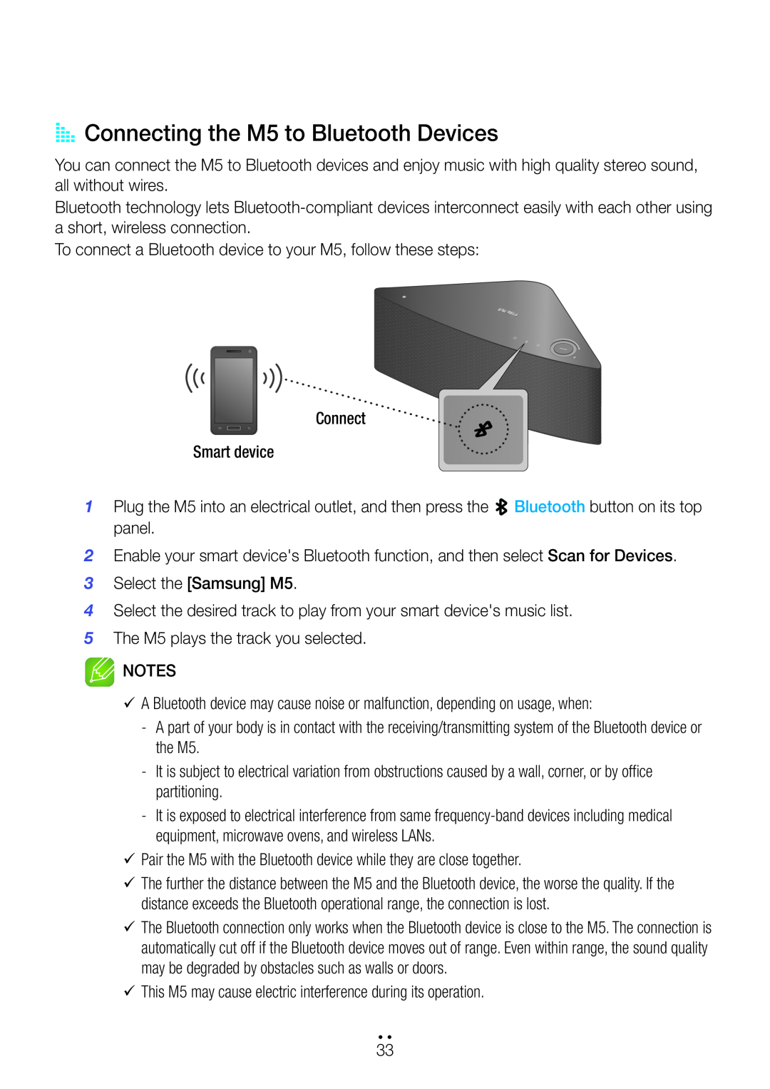 Samsung user manual AA Connecting the M5 to Bluetooth Devices 