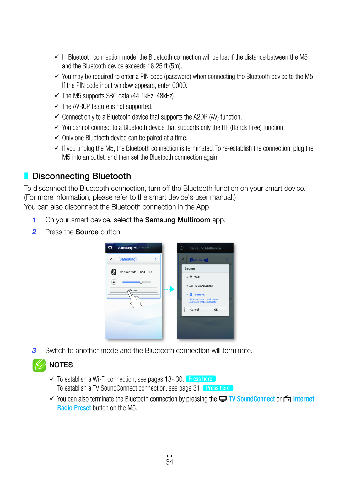 Samsung M5 user manual Disconnecting Bluetooth, 99To establish a Wi-Fi connection, see pages 18~30 