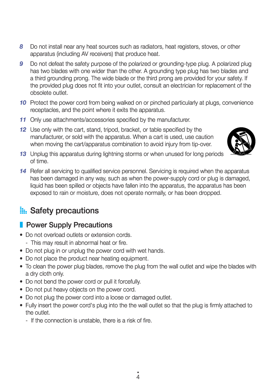 Samsung M5 user manual AA Safety precautions, Power Supply Precautions 