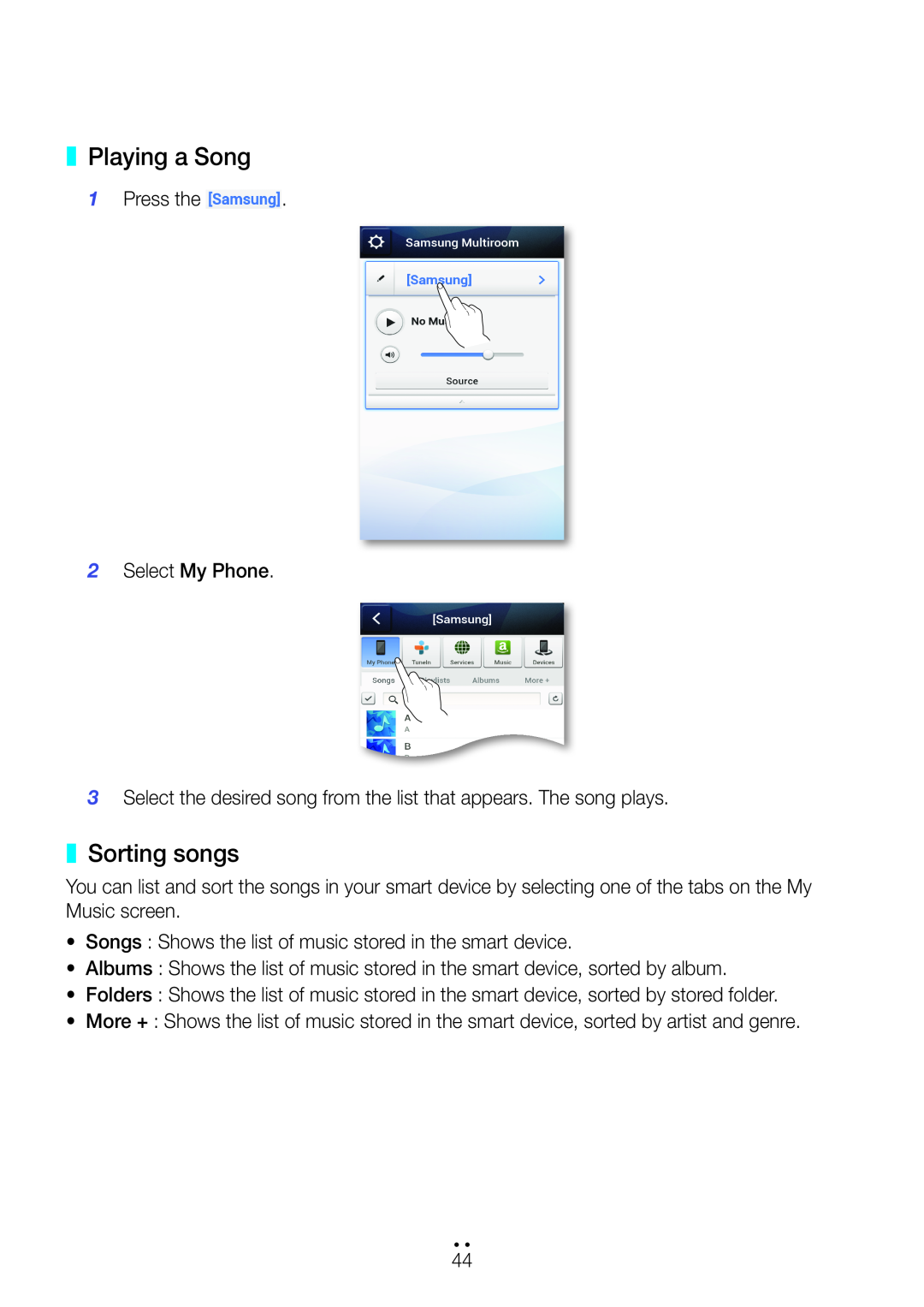 Samsung M5 user manual Playing a Song, Sorting songs 
