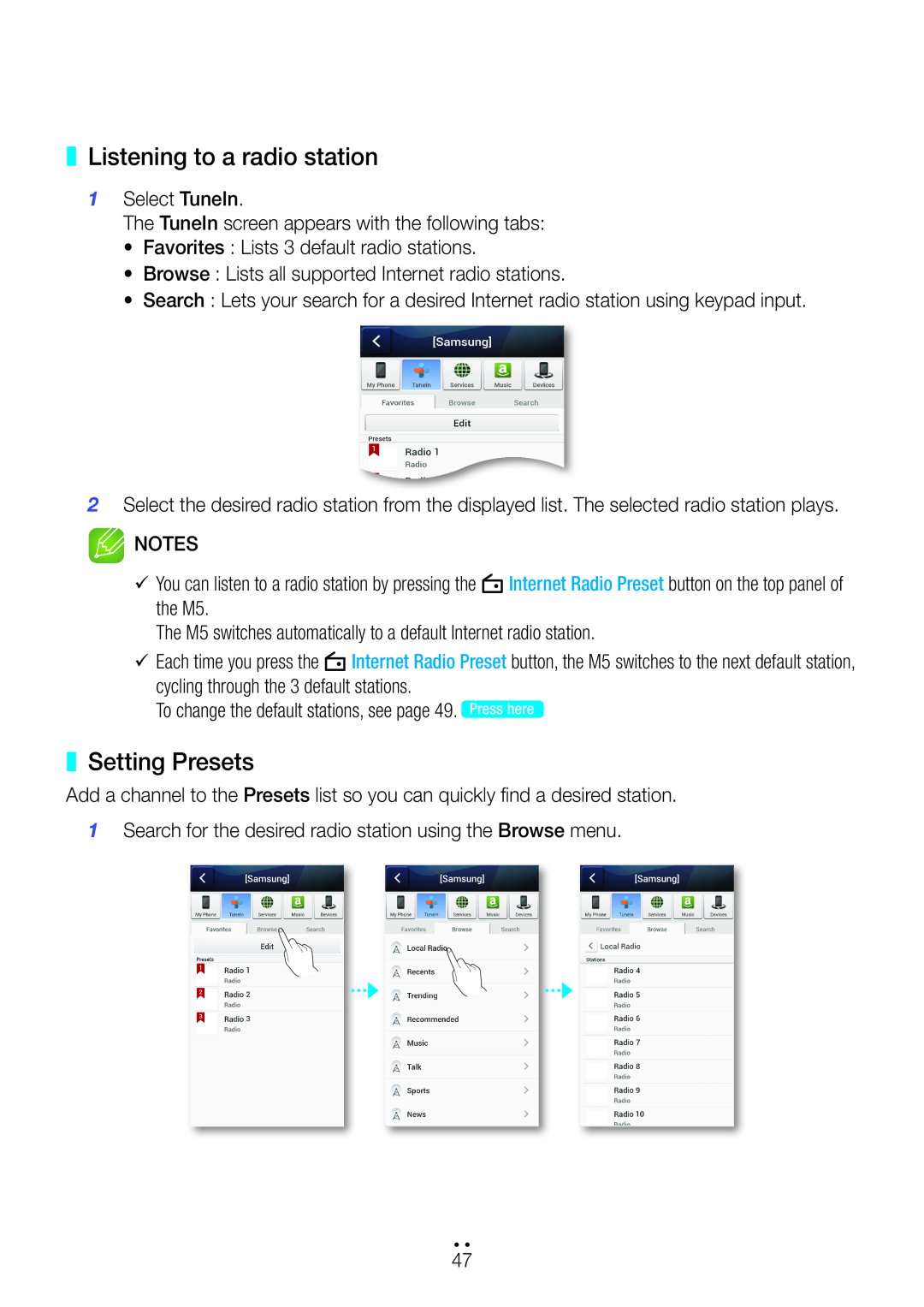 Samsung M5 user manual Listening to a radio station, Setting Presets 