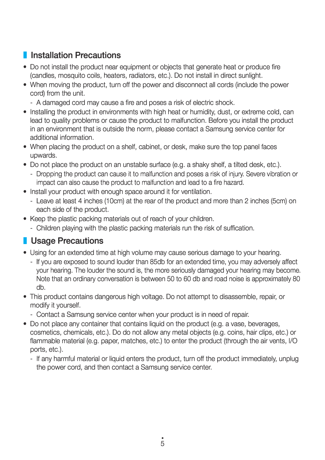 Samsung M5 user manual Installation Precautions, Usage Precautions 