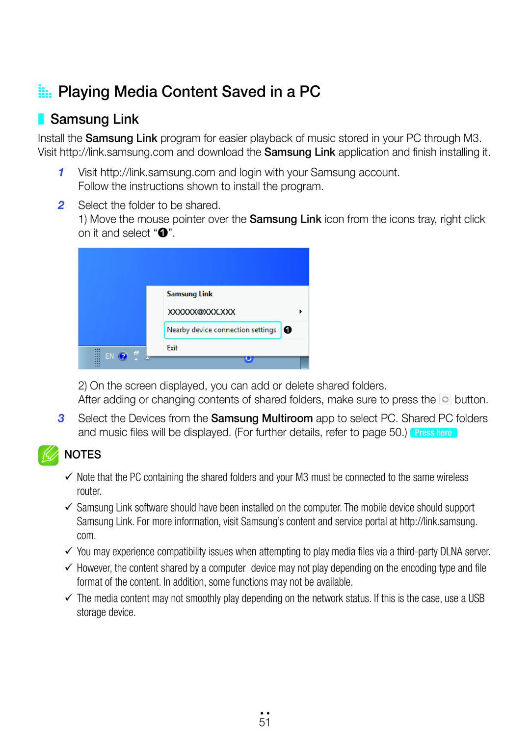 Samsung M5 user manual AA Playing Media Content Saved in a PC, Samsung Link 