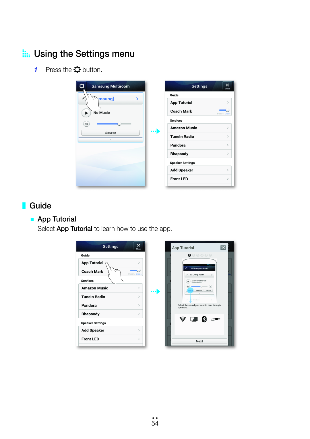Samsung M5 user manual AAUsing the Settings menu, Guide, `` App Tutorial, 4444 