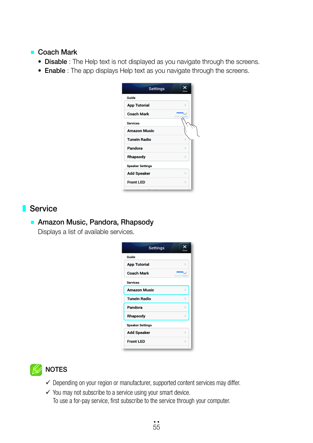 Samsung M5 user manual Service, `` Coach Mark, `` Amazon Music, Pandora, Rhapsody 