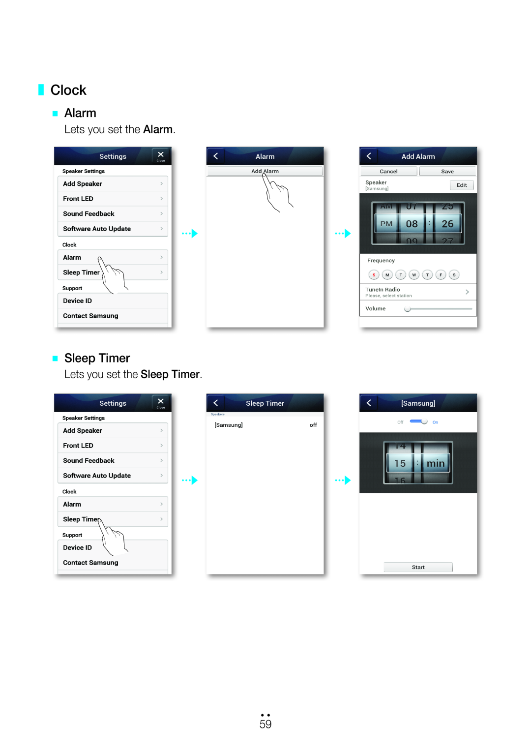 Samsung M5 user manual Clock, `` Alarm, `` Sleep Timer, 4444 