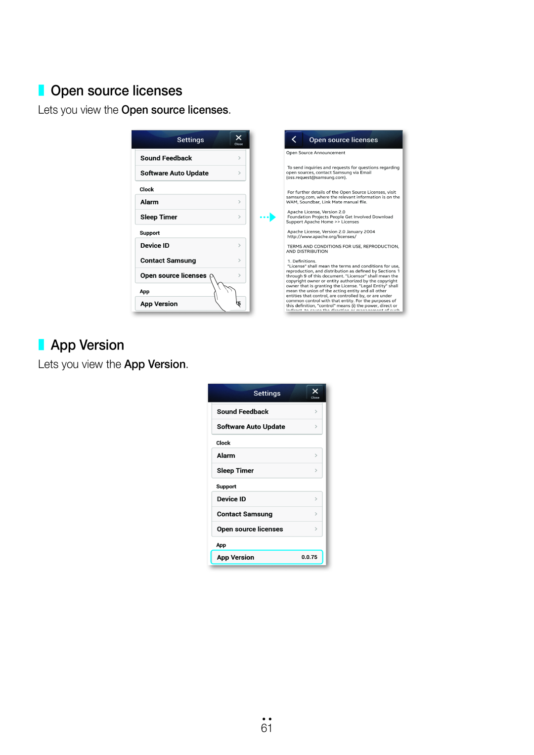 Samsung M5 user manual Lets you view the Open source licenses, Lets you view the App Version, 4444 