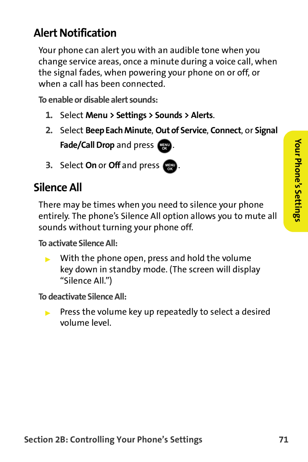 Samsung M510 Alert Notification, To enable or disable alert sounds, To activate Silence All, To deactivate Silence All 