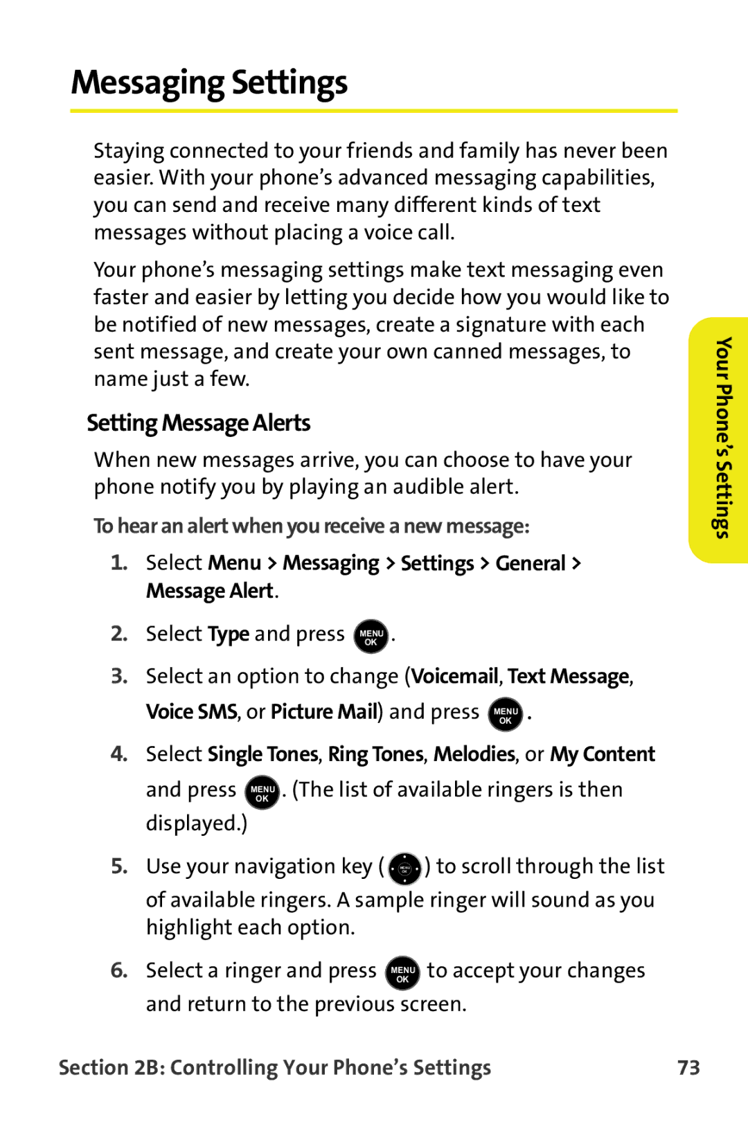 Samsung M510 manual Messaging Settings, Setting Message Alerts, To hear an alert when you receive a new message 