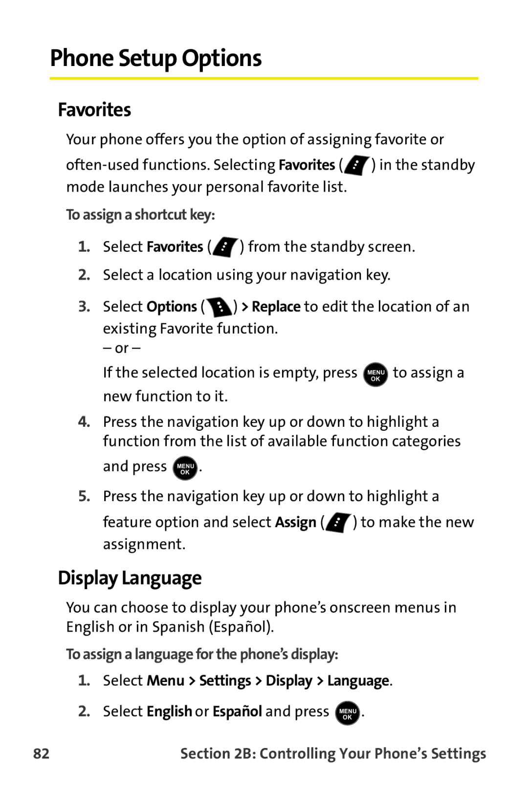 Samsung M510 manual Phone Setup Options, Favorites, Display Language, To assign a shortcut key 