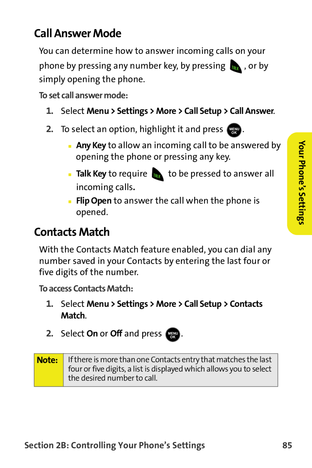 Samsung M510 manual Call Answer Mode, To set call answer mode, To access Contacts Match 