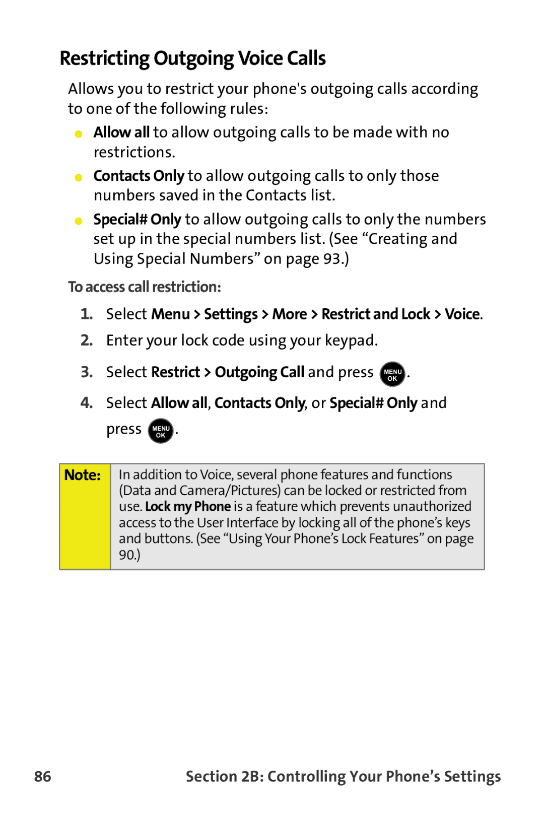 Samsung M510 manual Restricting Outgoing Voice Calls, To access call restriction, Enter your lock code using your keypad 