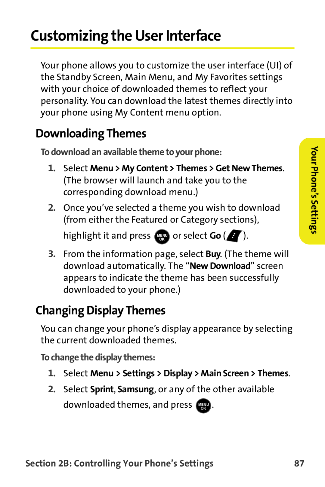 Samsung M510 Customizing the User Interface, Downloading Themes, Changing Display Themes, To change the display themes 