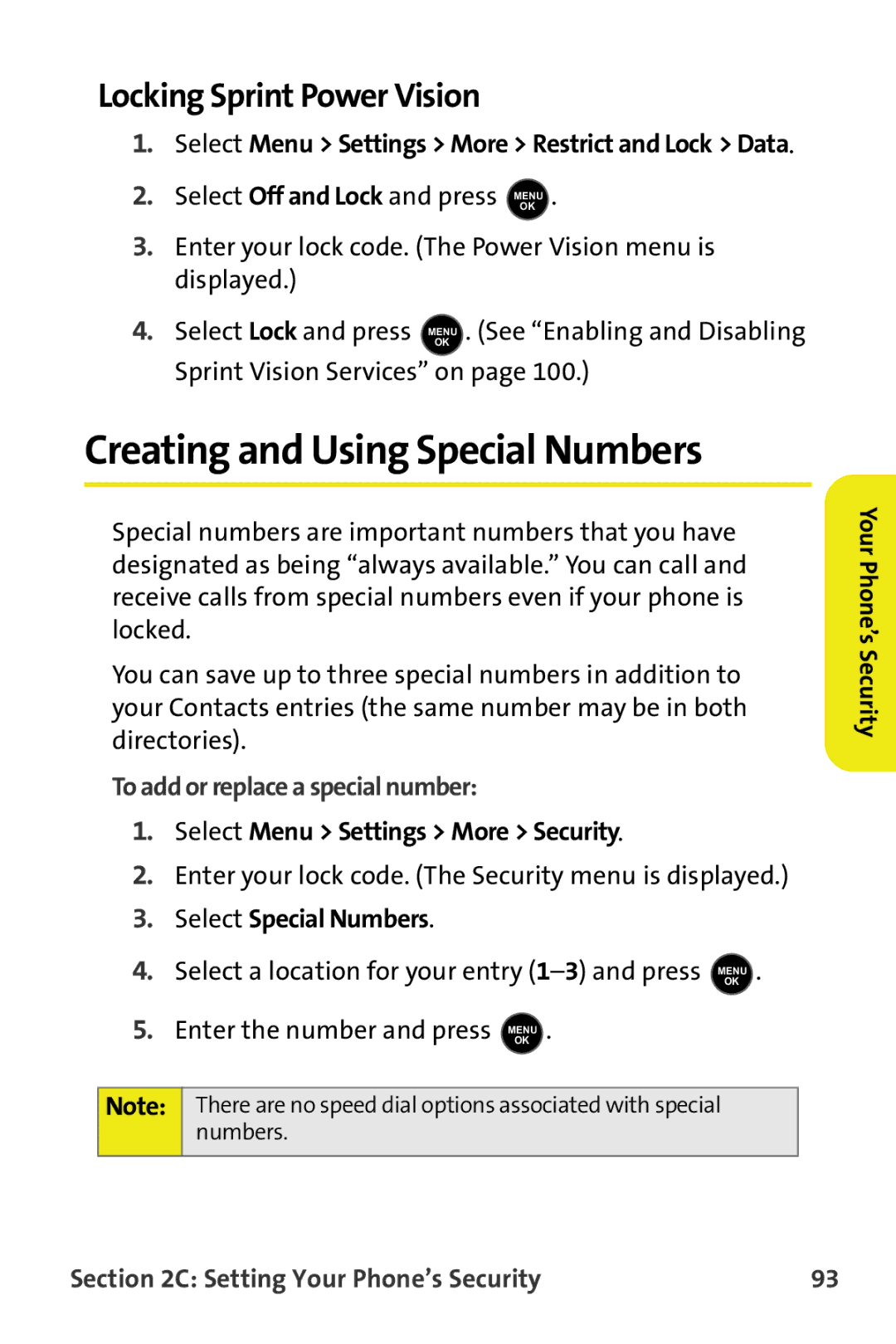 Samsung M510 manual Creating and Using Special Numbers, Locking Sprint Power Vision, To add or replace a special number 