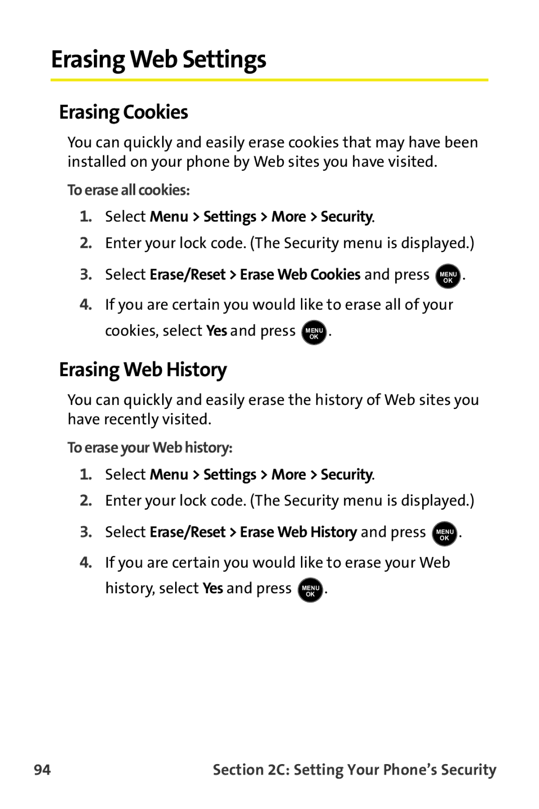 Samsung M510 Erasing Web Settings, Erasing Cookies, Erasing Web History, To erase all cookies, To erase your Web history 