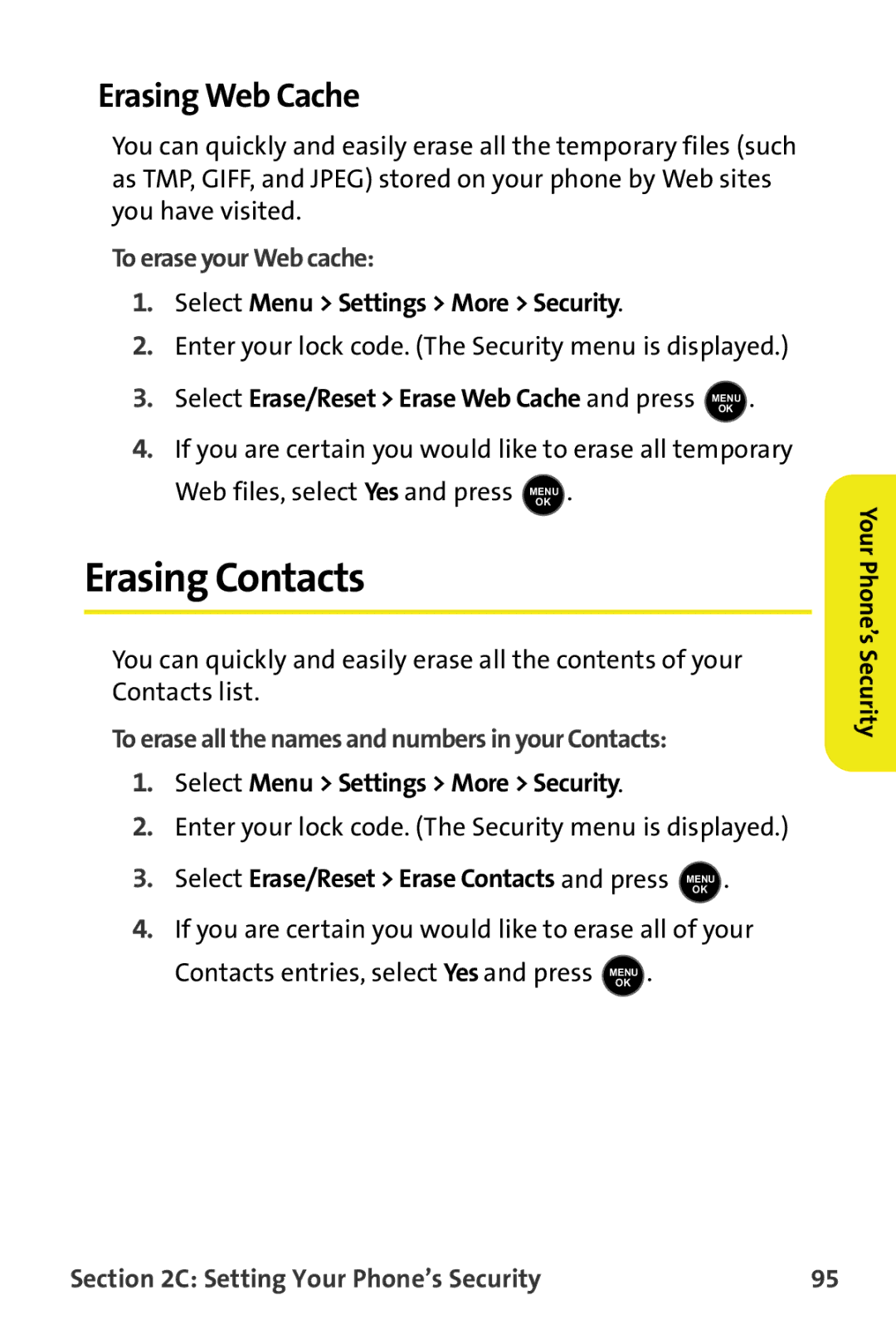 Samsung M510 manual Erasing Contacts, Erasing Web Cache, To erase your Web cache 