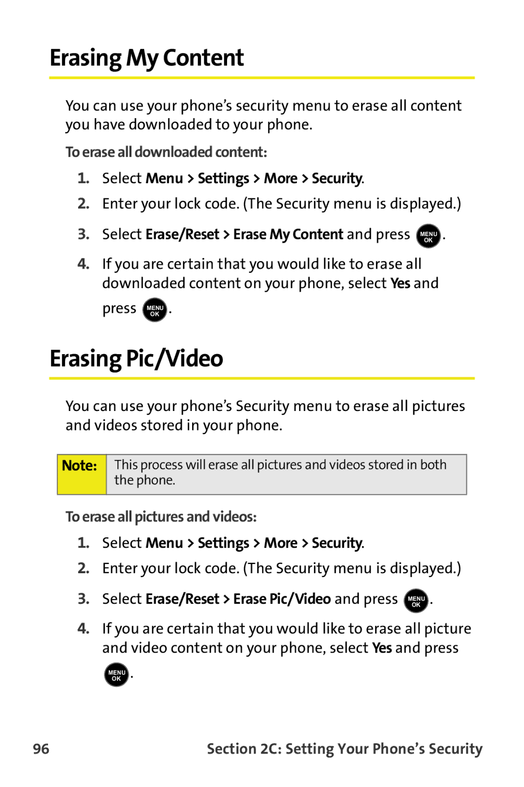 Samsung M510 Erasing My Content, Erasing Pic/Video, To erase all downloaded content, To erase all pictures and videos 