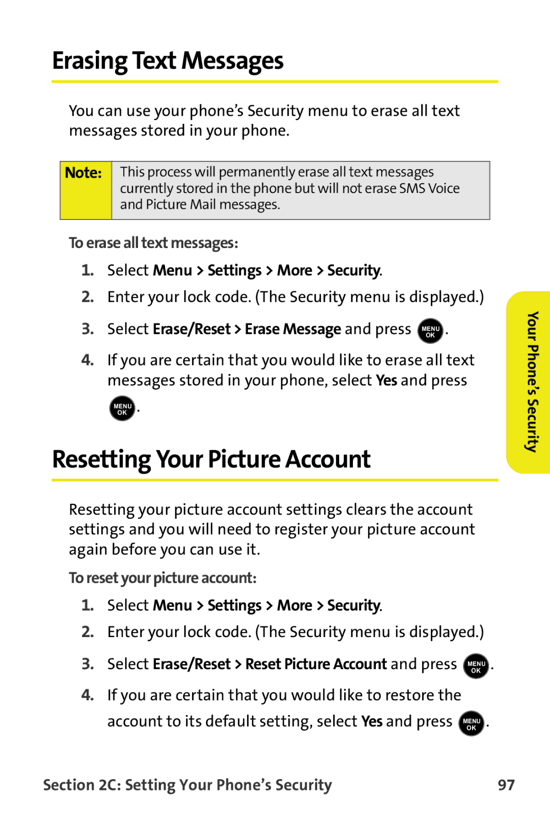 Samsung M510 manual Erasing Text Messages, Resetting Your Picture Account, To erase all text messages 