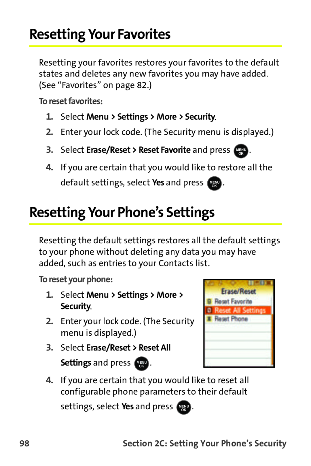 Samsung M510 manual Resetting Your Favorites, Resetting Your Phone’s Settings, To reset favorites, To reset your phone 