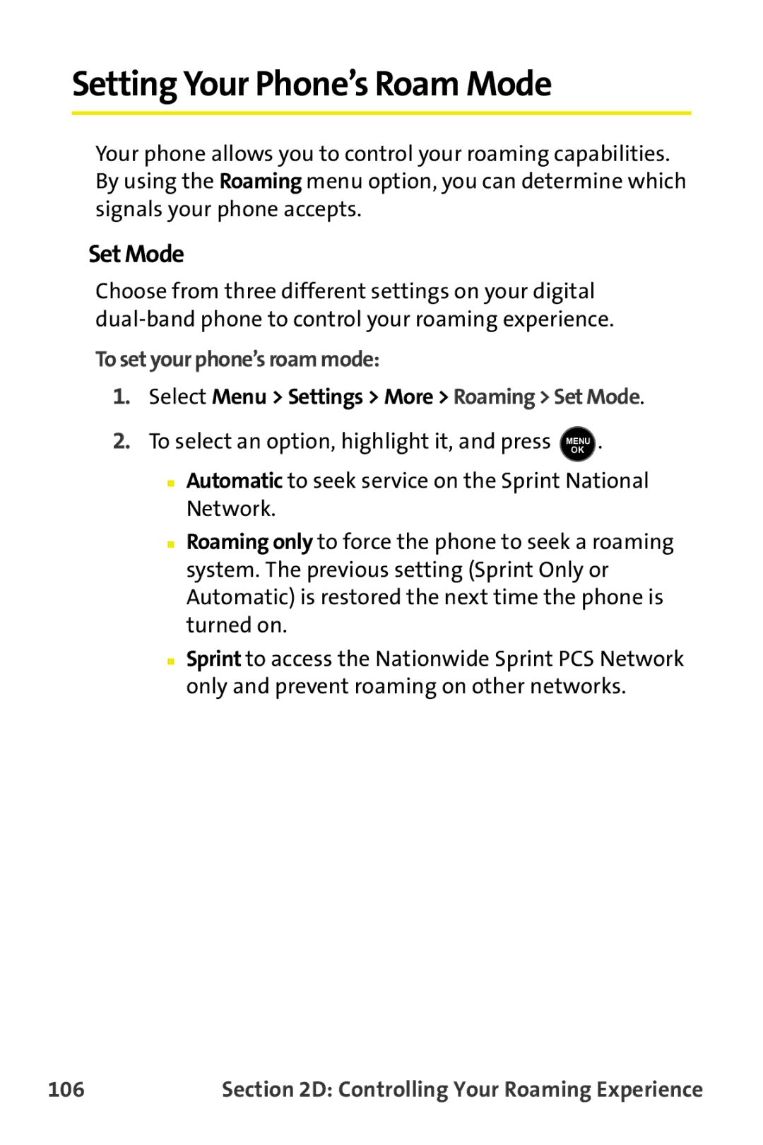 Samsung M510 manual Setting Your Phone’s Roam Mode, Set Mode, To set your phone’s roam mode, 106 