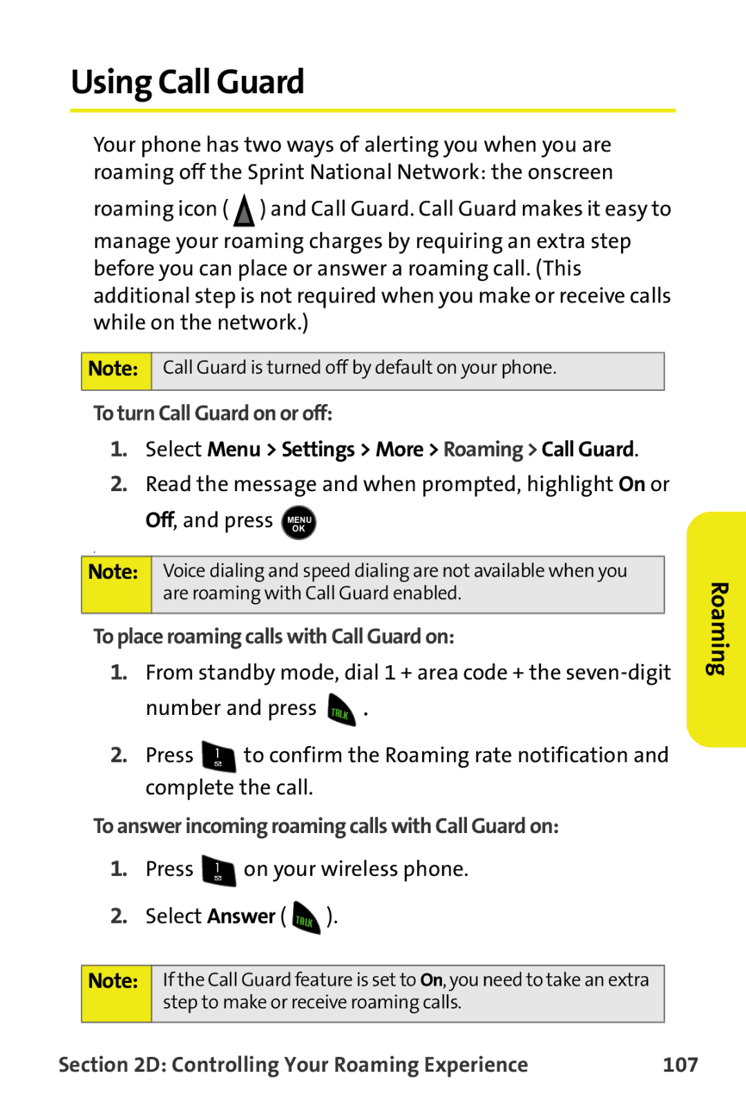 Samsung M510 manual Using Call Guard, To turn Call Guard on or off, To place roaming calls with Call Guard on 