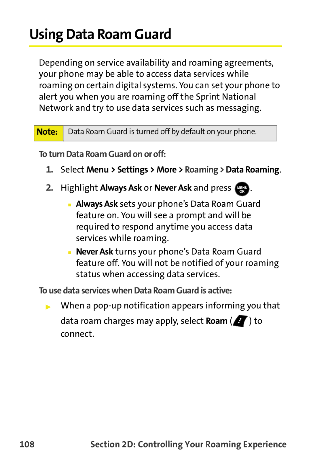 Samsung M510 Using Data Roam Guard, To turn Data Roam Guard on or off, To use data services when Data Roam Guard is active 