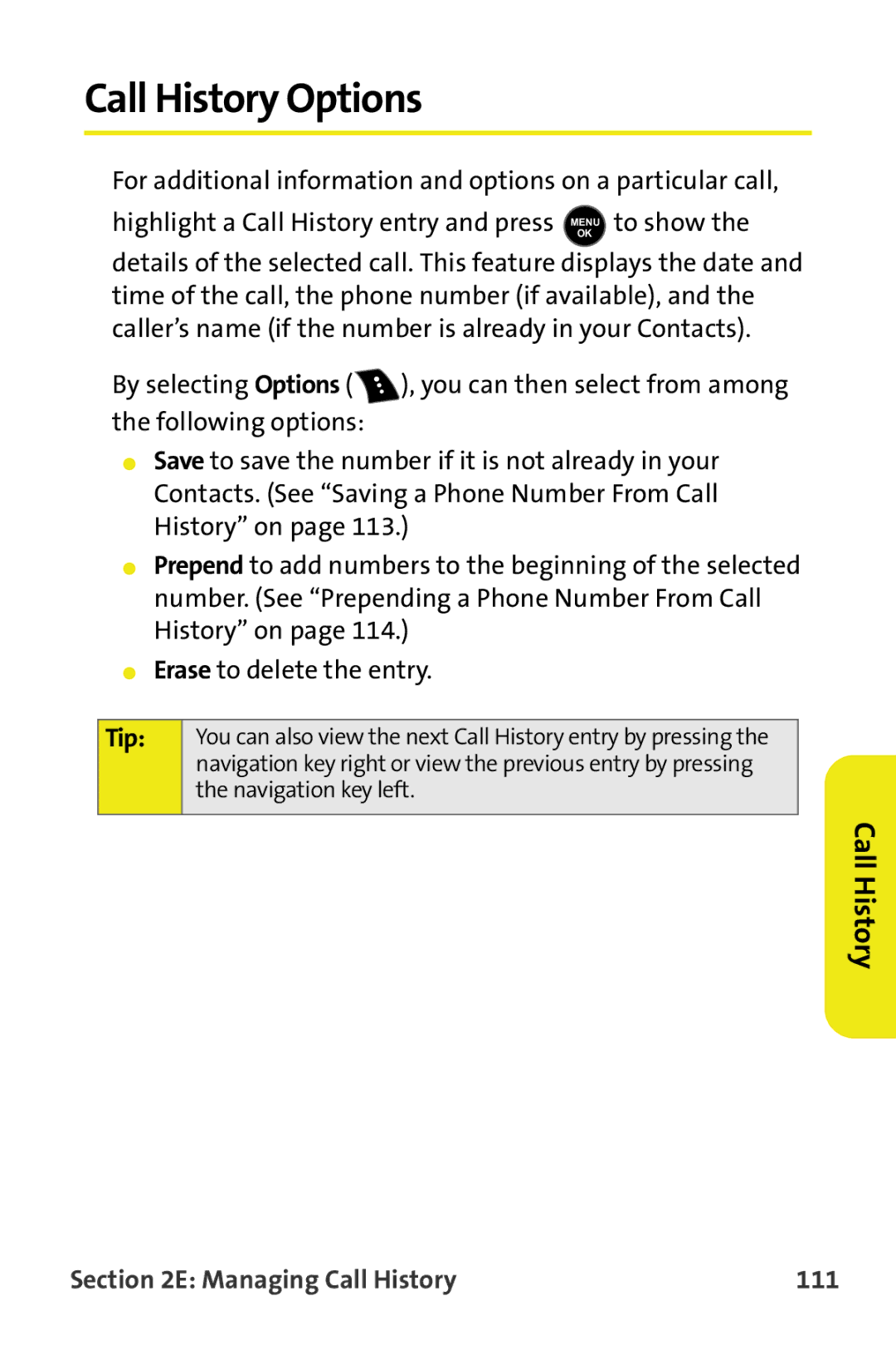 Samsung M510 manual Call History Options, Managing Call History 111 