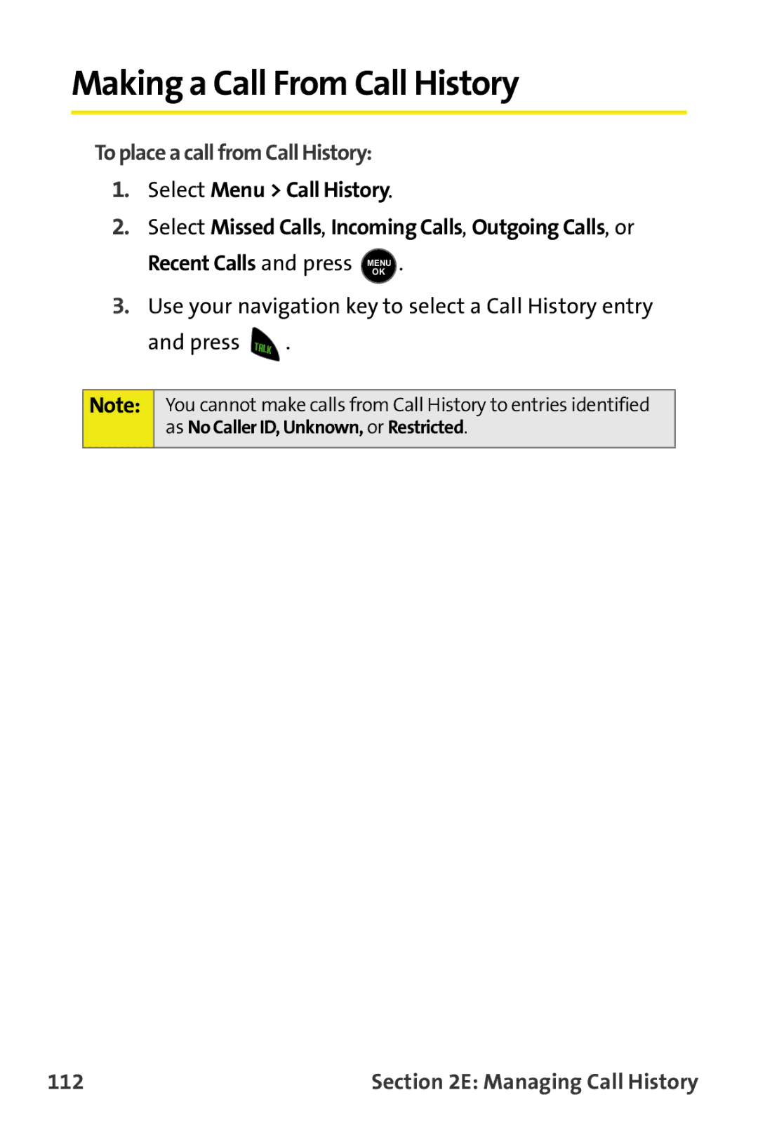 Samsung M510 manual Making a Call From Call History, To place a call from Call History, 112 