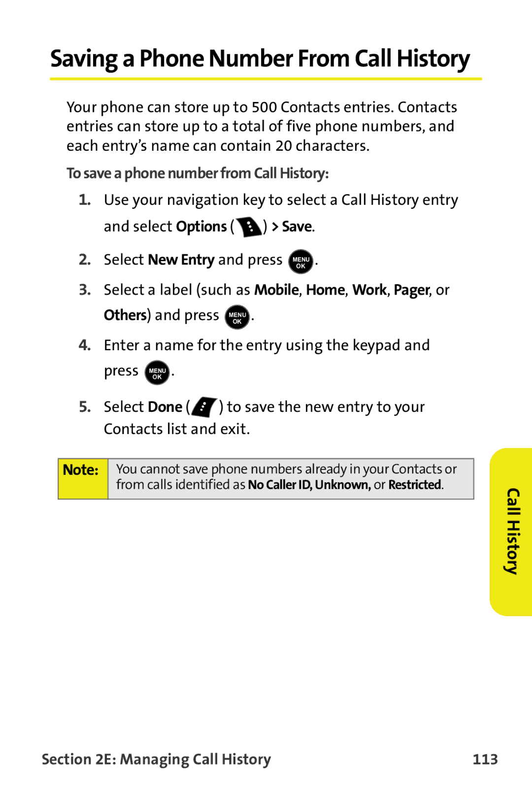 Samsung M510 manual To save a phone number from Call History, Managing Call History 113 