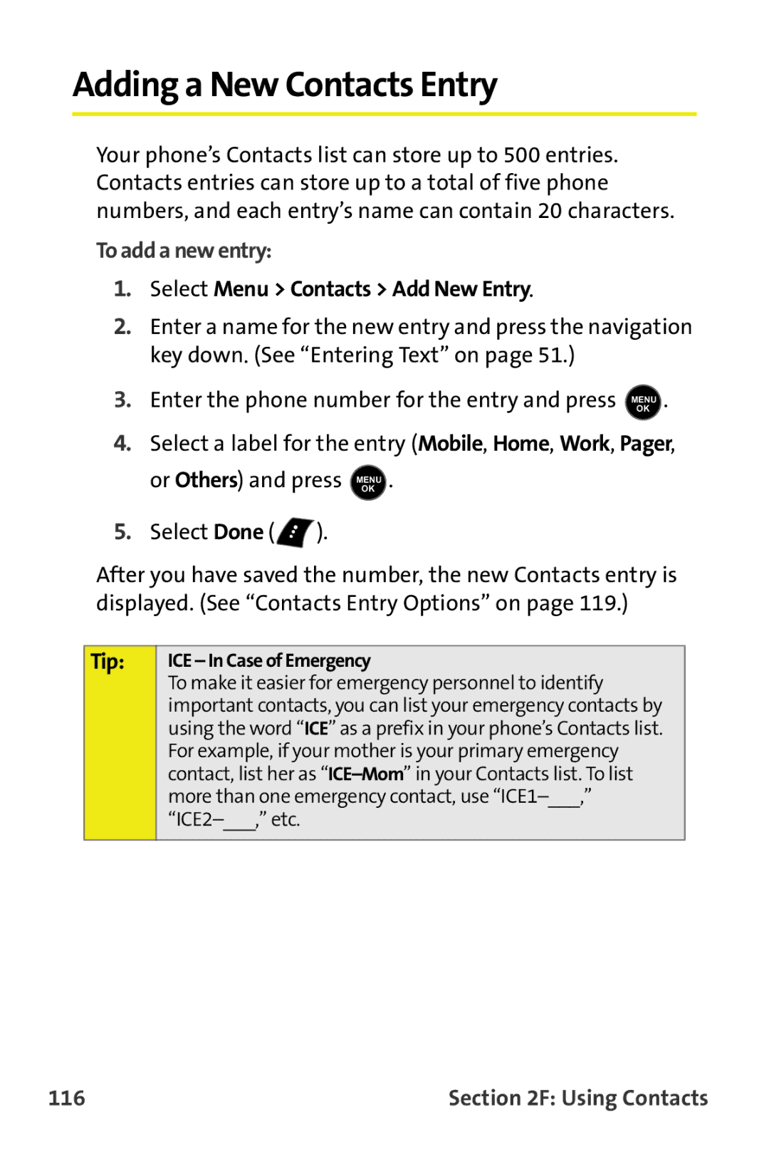 Samsung M510 manual Adding a New Contacts Entry, To add a new entry, Select Menu Contacts Add New Entry, 116 