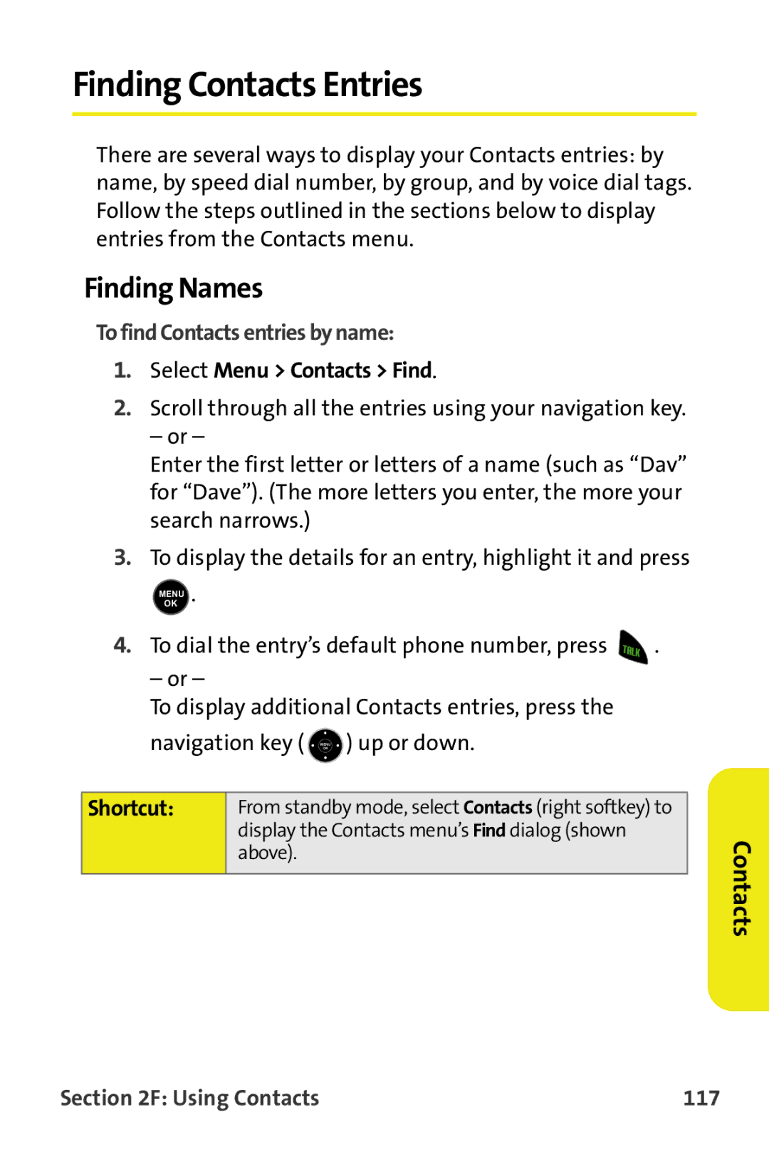 Samsung M510 manual Finding Contacts Entries, Finding Names, To find Contacts entries by name, Shortcut, Using Contacts 117 