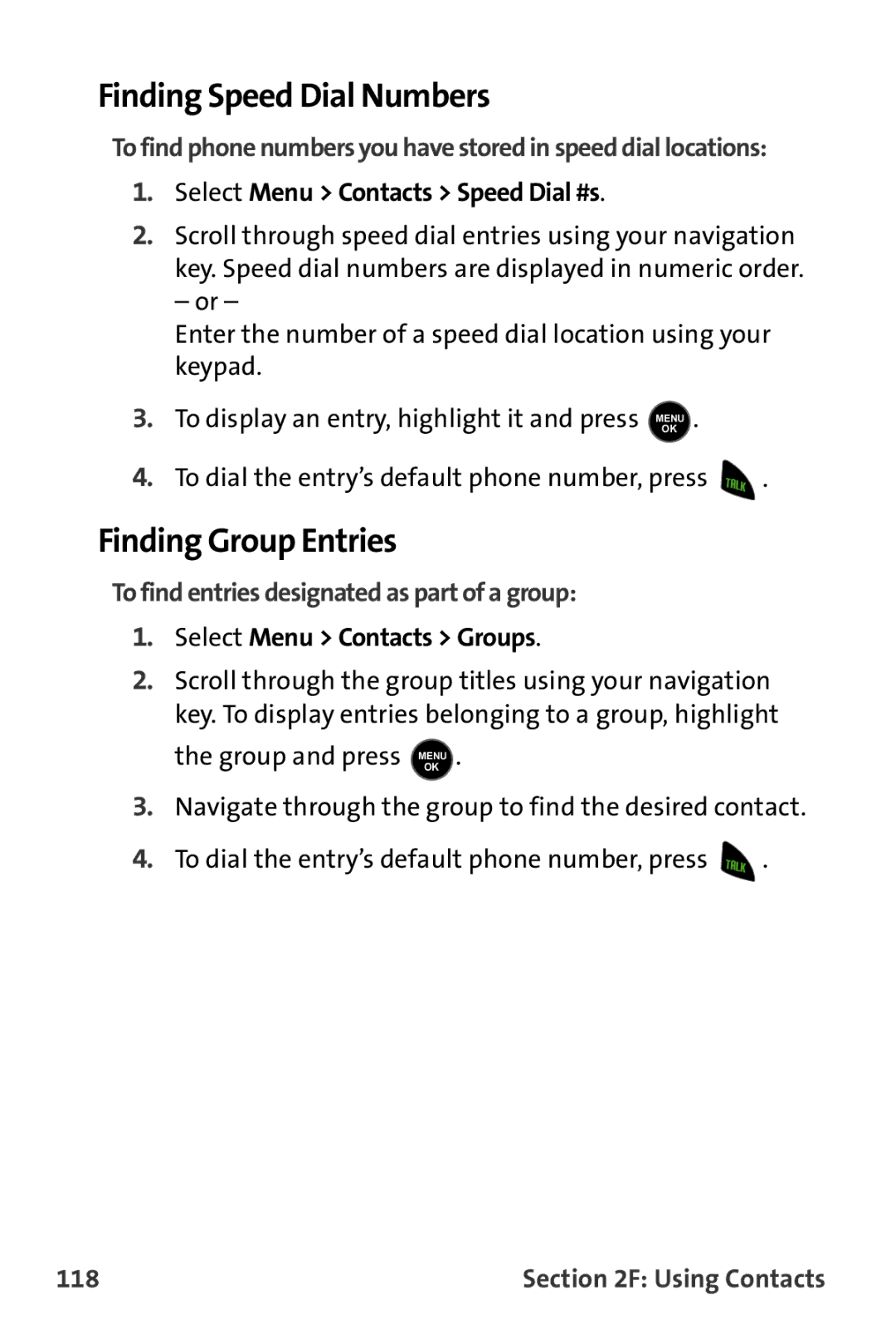 Samsung M510 manual Finding Speed Dial Numbers, Finding Group Entries, To find entries designated as part of a group, 118 