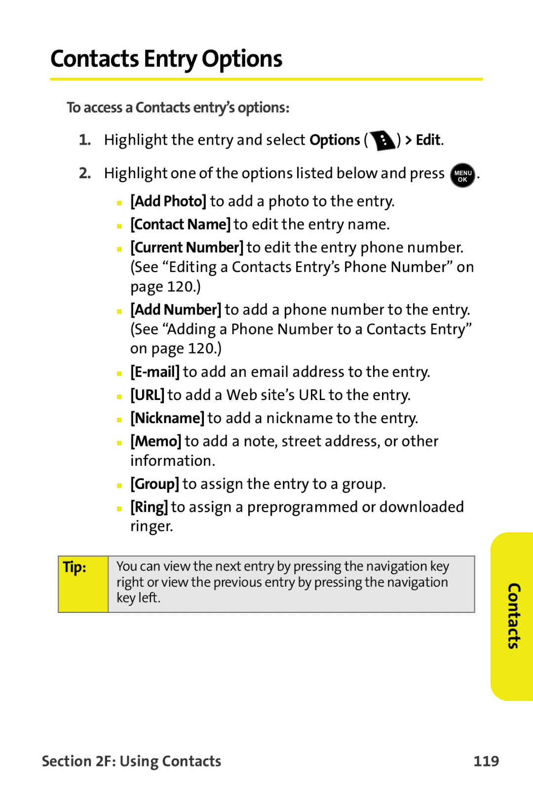 Samsung M510 manual Contacts Entry Options, To access a Contacts entry’s options, Using Contacts 119 