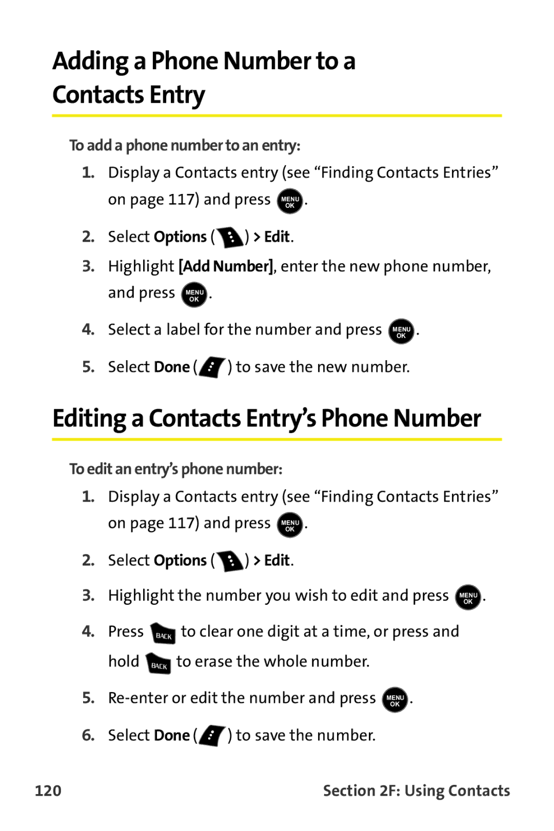 Samsung M510 manual Adding a Phone Number to a Contacts Entry, To add a phone number to an entry, Select Options Edit, 120 