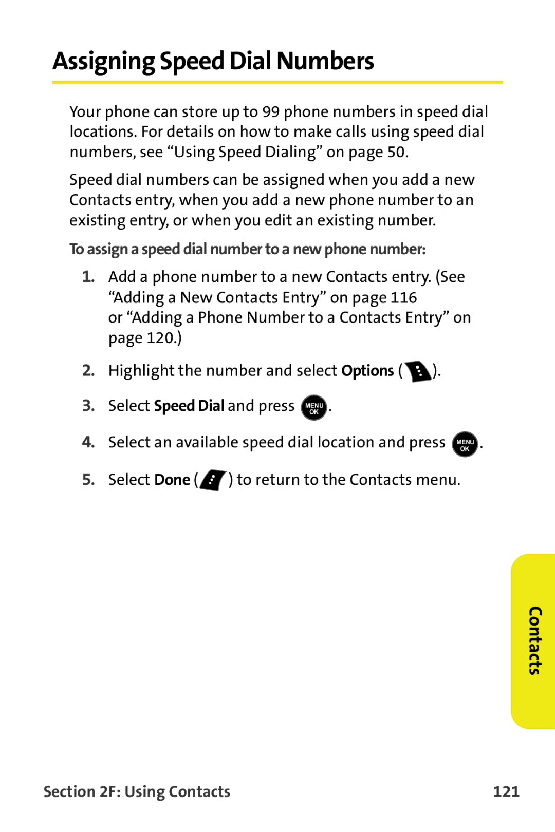 Samsung M510 manual Assigning Speed Dial Numbers, To assign a speed dial number to a new phone number, Using Contacts 121 