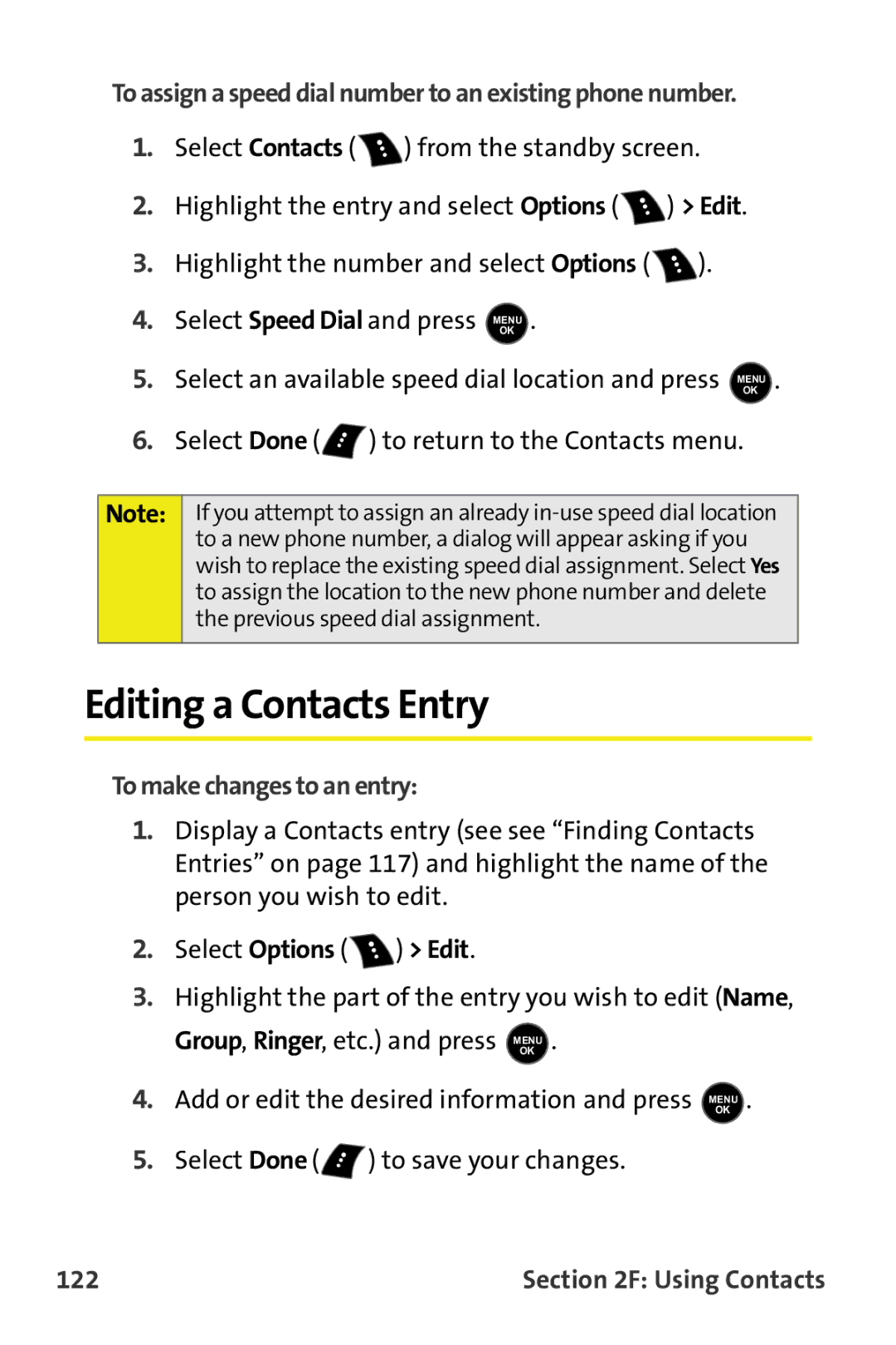 Samsung M510 manual Editing a Contacts Entry, To assign a speed dial number to an existing phone number, 122 