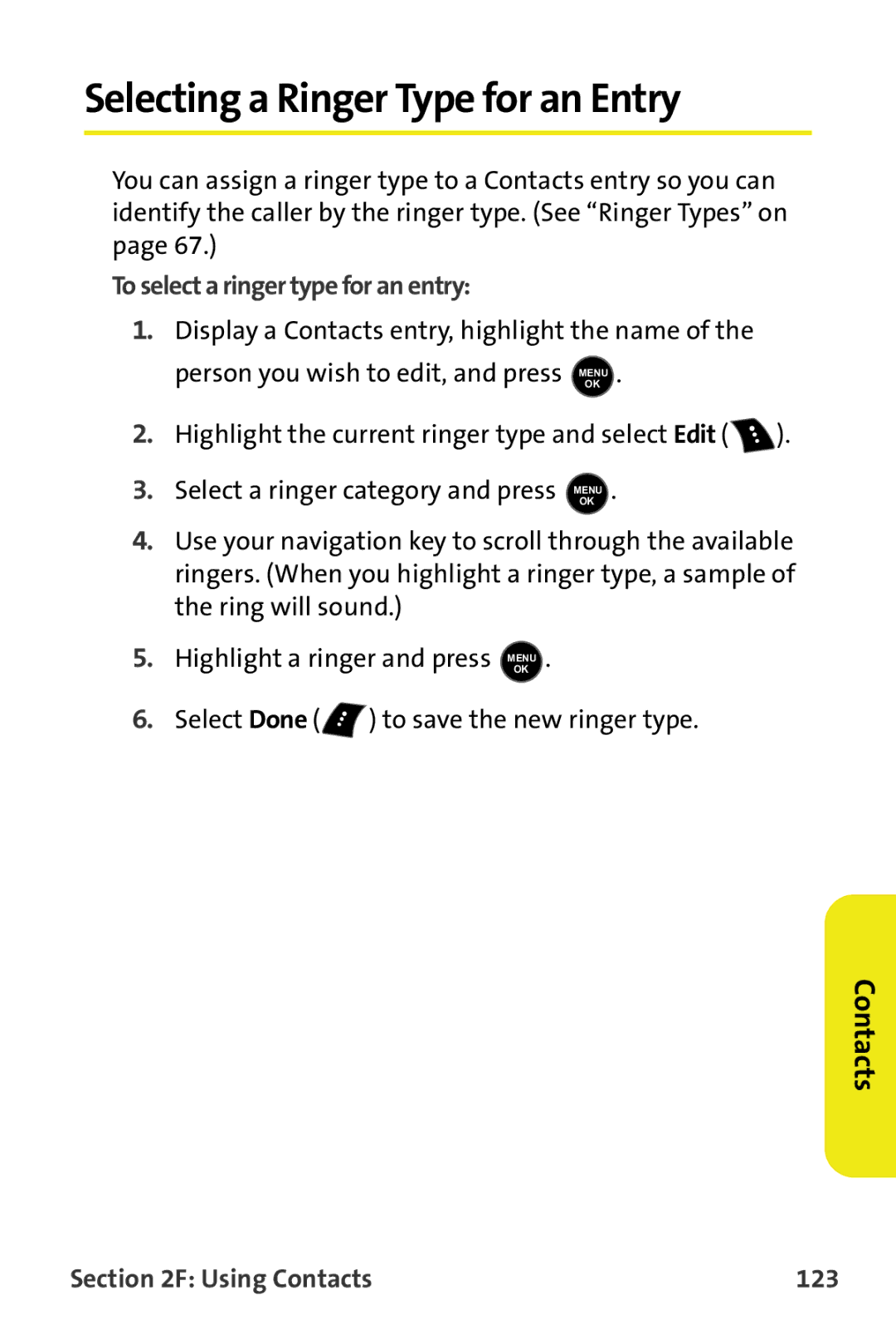 Samsung M510 manual Selecting a Ringer Type for an Entry, To select a ringer type for an entry, Using Contacts 123 