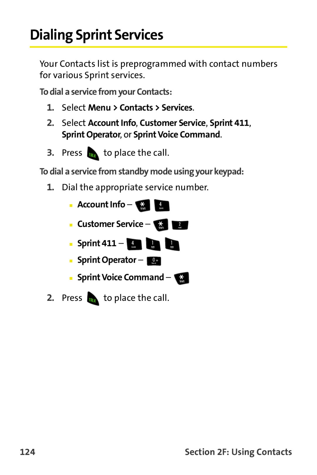 Samsung M510 manual Dialing Sprint Services, To dial a service from your Contacts, 124 